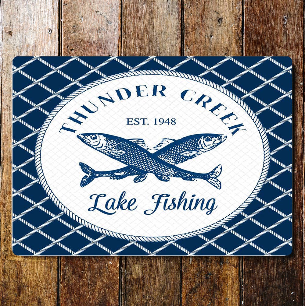 Thunder Creek Lake Fishing Blue And White Metal Sign Plaque