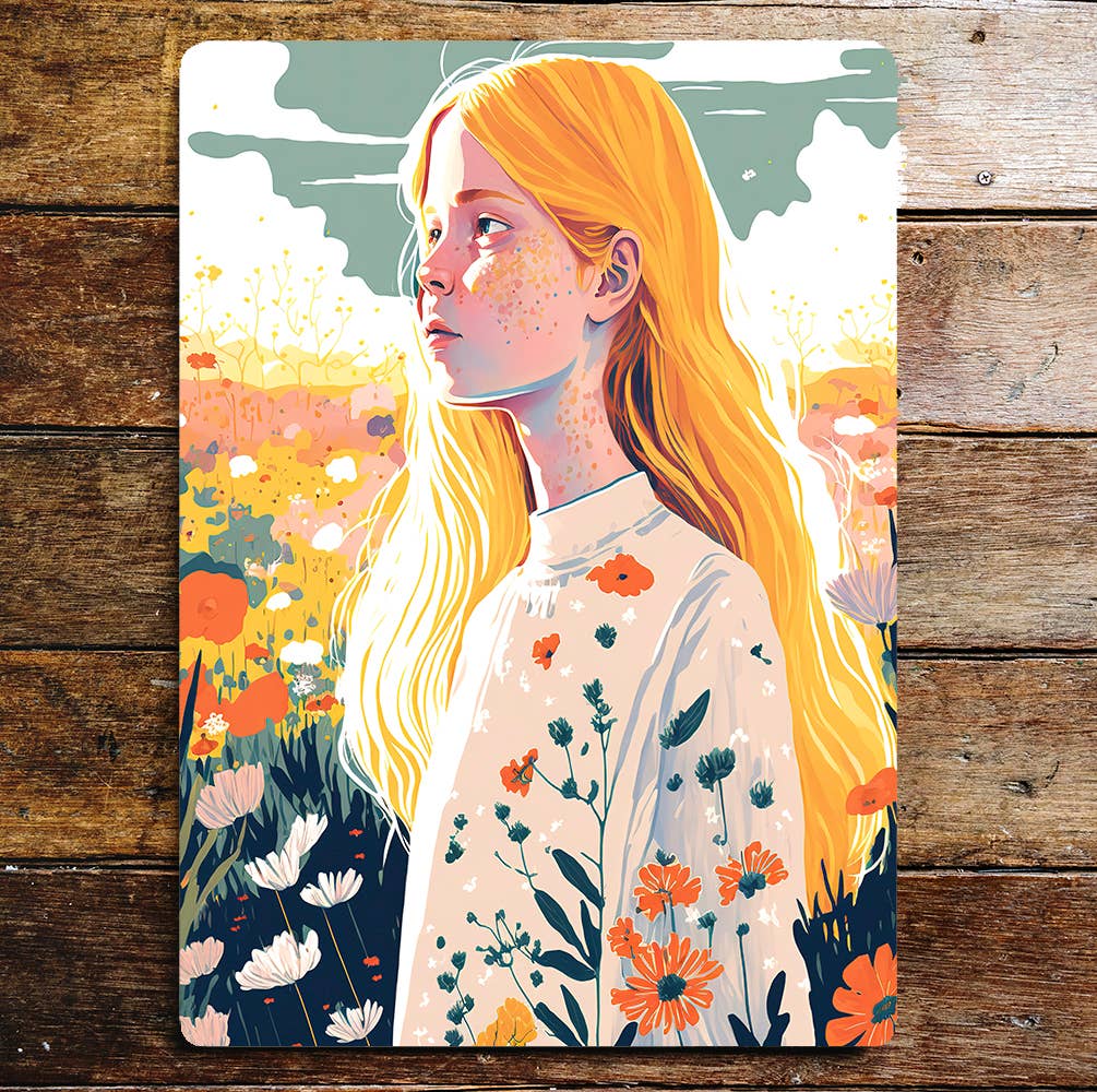 Girl Flower Field Blonde Hair Freckles | Metal Sign Plaque