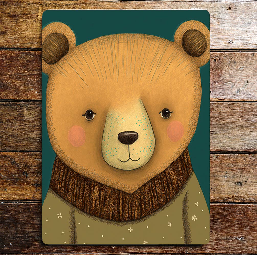 Cute Bear Portrait Green Jumper | Metal Sign Plaque