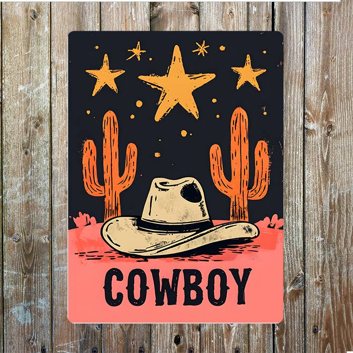 Desert Star Pink Cacti Hat Cowboy Western | Metal Sign Plaque