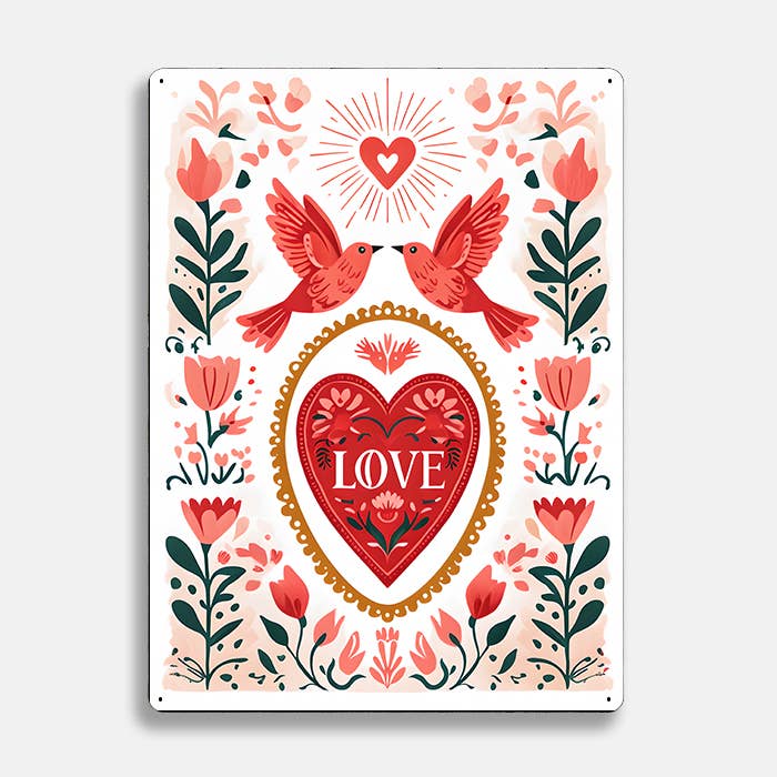 Love Heart Birds Floral scandinavian folk | Metal Sign Plaque