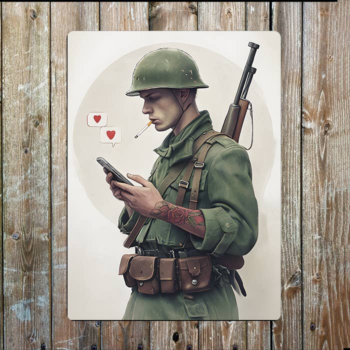 Soldier Holding Smartphone Hearts Metal Sign Plaque