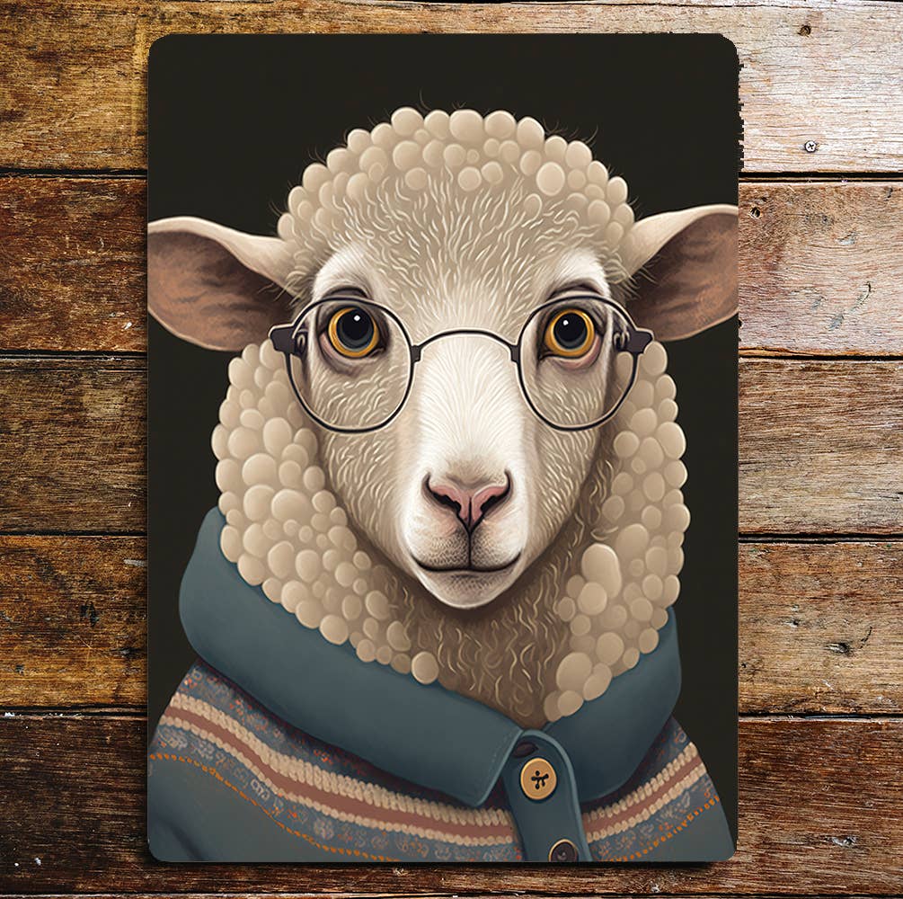 Sheep With Glasses Portrait Head Metal Sign Plaque