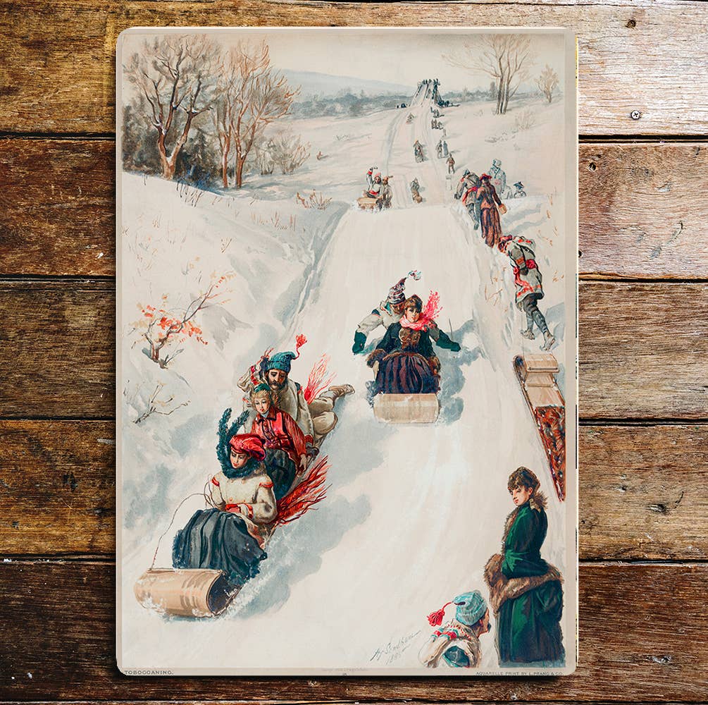Vintage Families At Play Sledging Snow | Metal Sign Plaque