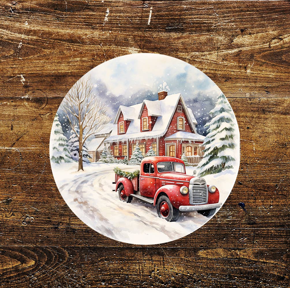 Vintage Christmas Scene Winter Snow Circle Metal Sign