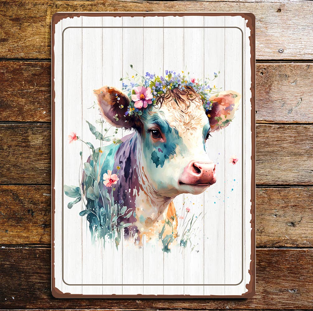 Multicoloured Cow Head Smiling Flowers | Metal Sign Plaque