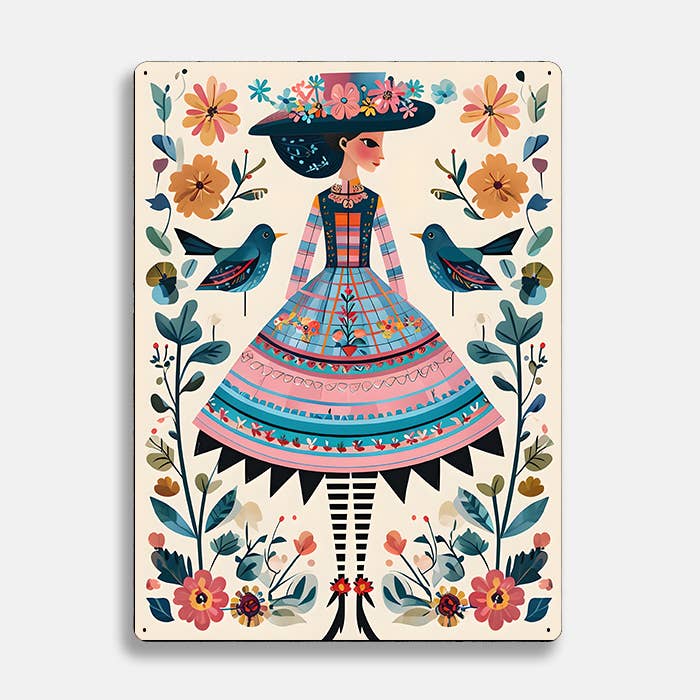 Colorful Female Flowers scandinavian folk | Metal Sign Plaque
