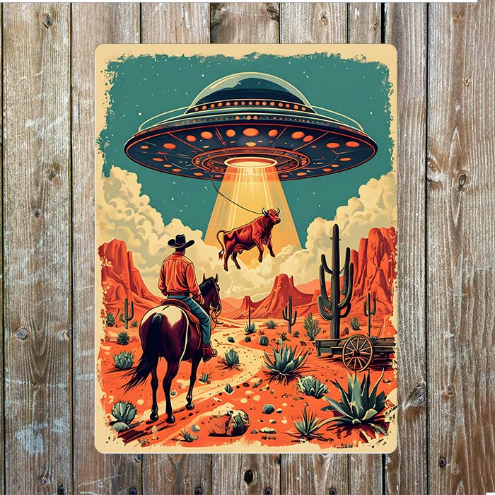 UFO Spaceship Cow Cowboy Western | Metal Sign Plaque