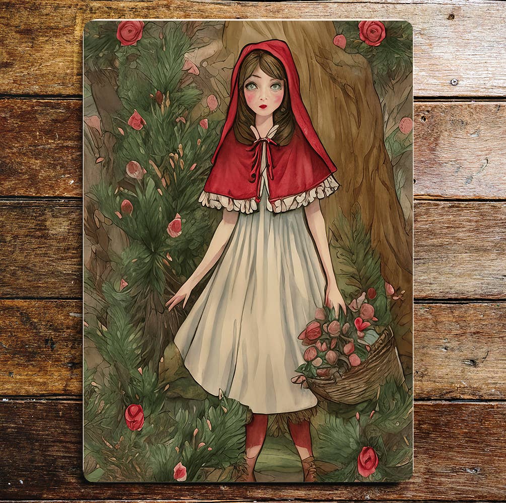 Red riding hood white dress flowers pink Metal Sign Plaque