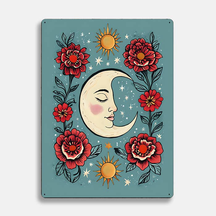 Crescent Moon Flowers scandinavian folk | Metal Sign Plaque