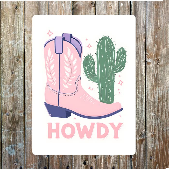 Boot And Cactus Howdy Cowboy Western Art | Metal Sign Plaque