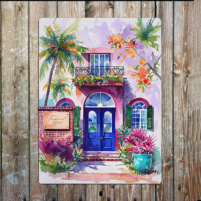 Vibrant Tropical Hotel | Watercolour | Metal Sign Plaque