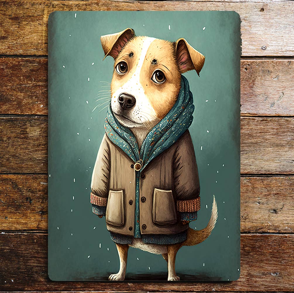 Cute Dog Portrait Jacket Scarf Funny Green | Metal Sign Plaque