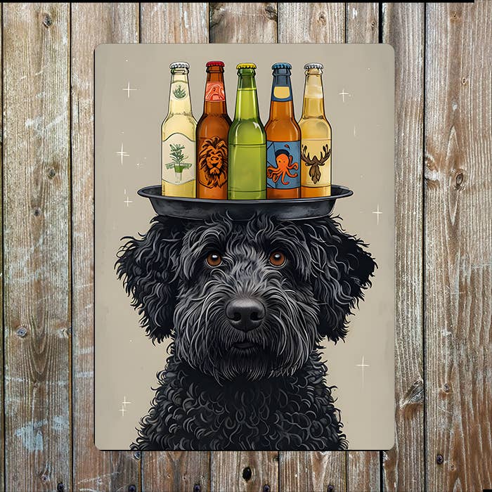 Black Fluffy Dog Balancing Beers On Head | Metal Sign Plaque