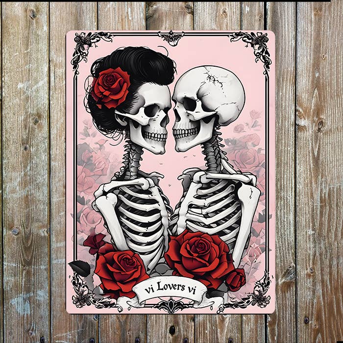 Skeleton Lovers Embracing Tarot Card Metal Sign Plaque