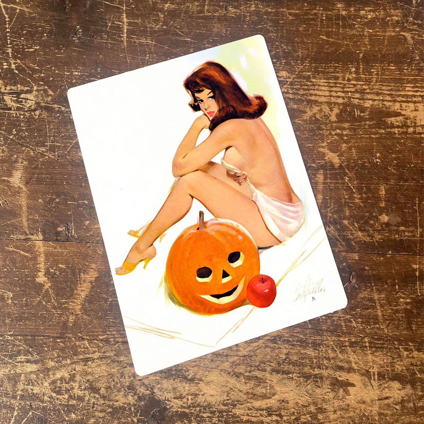 Pinup Girl Autumn Pumpkin Metal Humour Wall Sign