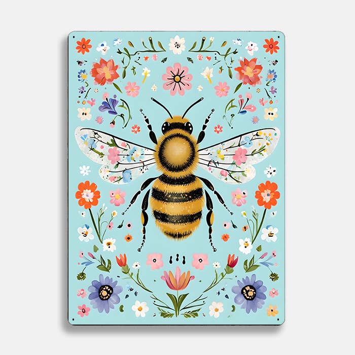 Illustration Flowers Bee scandinavian folk | Metal Sign Plaque