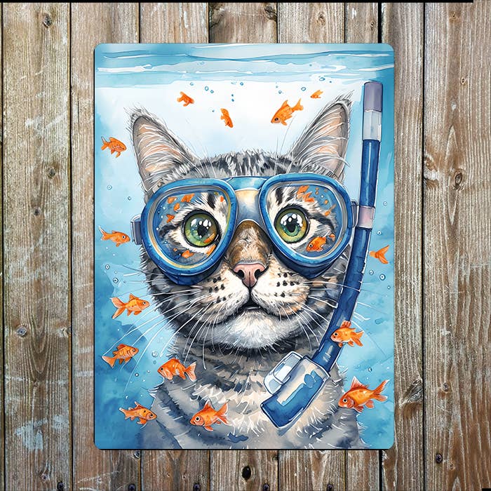 Cat With Diving Goggles Sea Nautical | Metal Sign Plaque