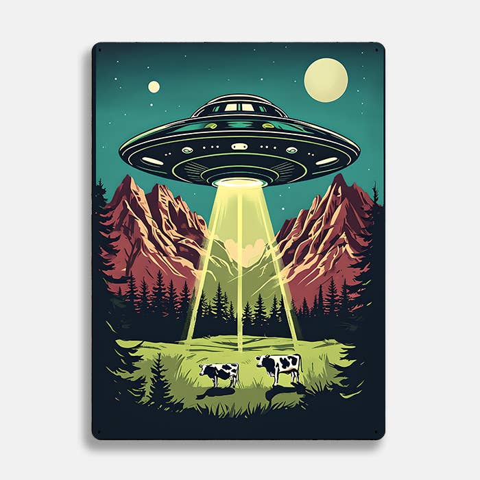 Retro UFO Landing Scene Cows Alien Metal Sign Plaque