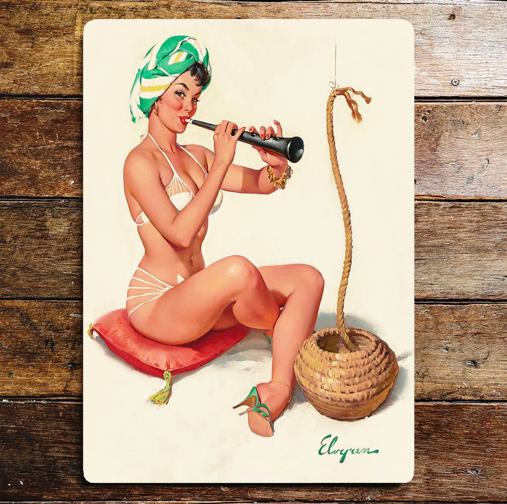 Pin Up Girl Snake Charmer bikini Metal Wall Sign