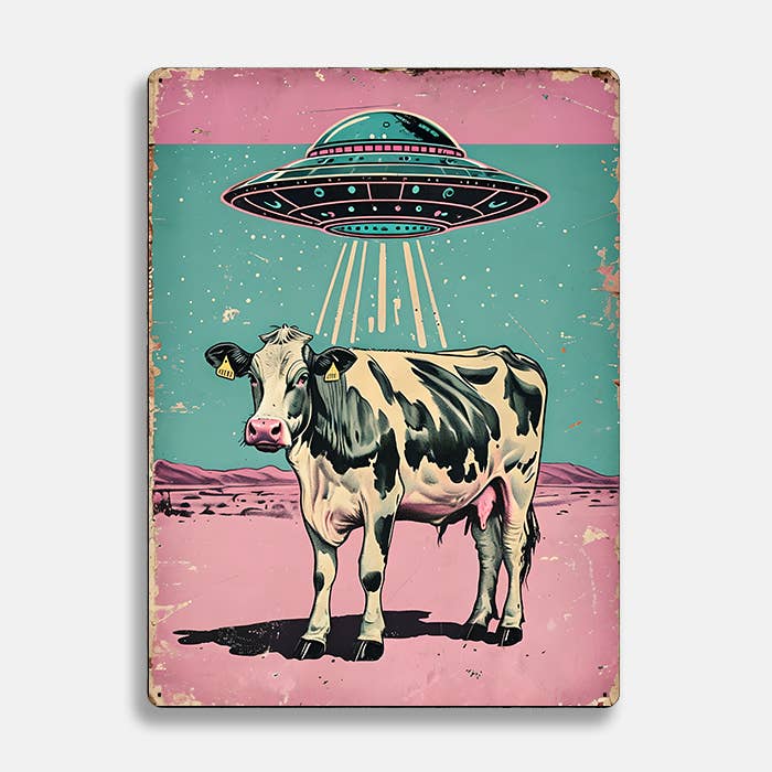 Vintage Black and White Cow with UFO Alien | Metal Sign Plaque