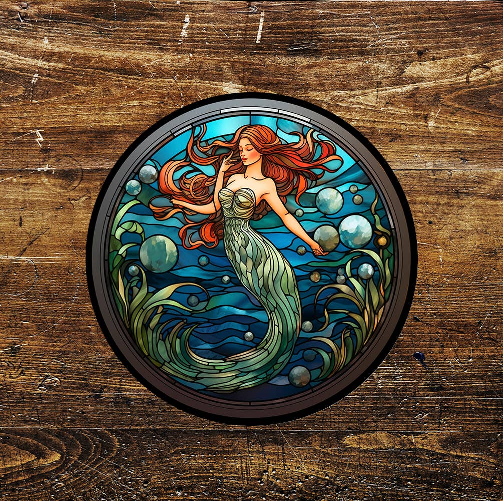 Mermaid Water Stained Glass affect Metal Sign Circle