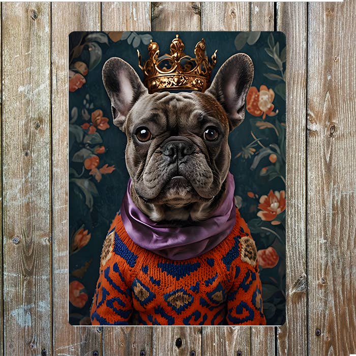 Regal French Bulldog In Stylish Sweater Metal Sign Plaque