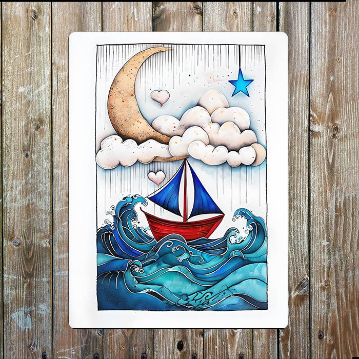 Ink Drawing Boat Moon Sea Nautical | Metal Sign Plaque