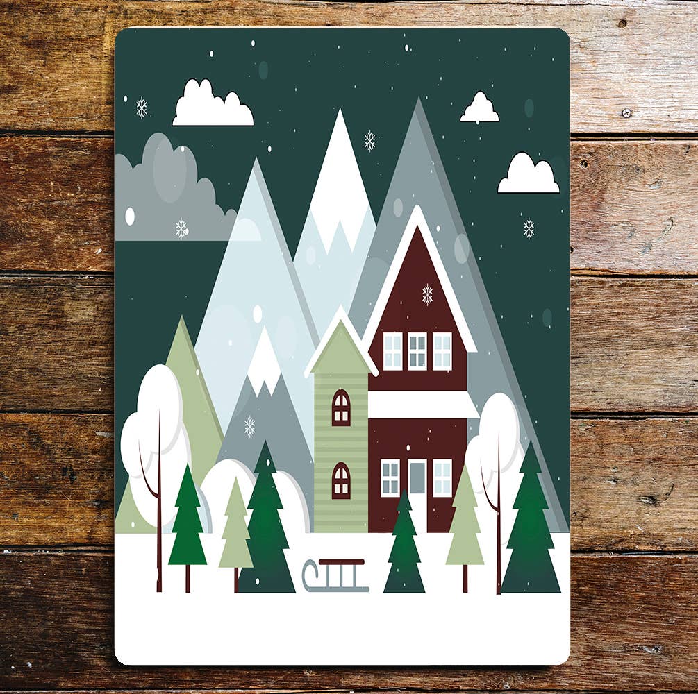 House Winter Snow Green | Metal Wall Sign