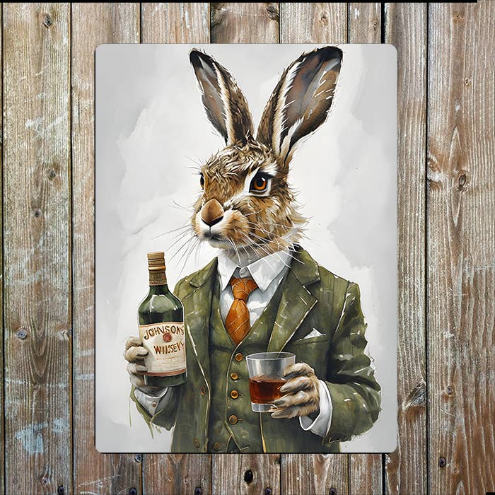 Rabbit In Vintage Clothing Drink Whiskey Metal Sign Plaque