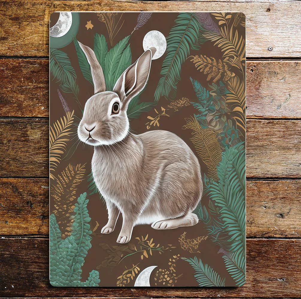 Rabbit Moon Light Fern Leaves Metal Sign Plaque
