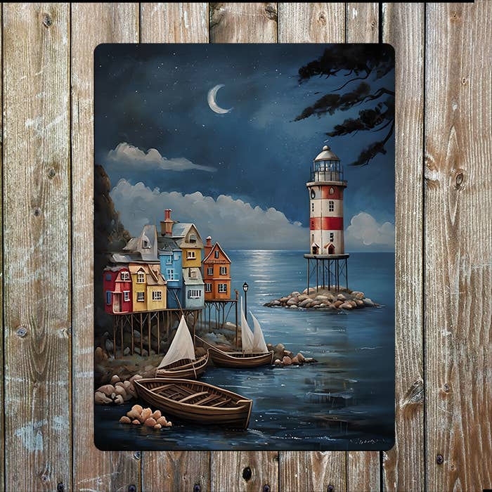 Coastal Village Lighthouse Sea Nautical | Metal Sign Plaque