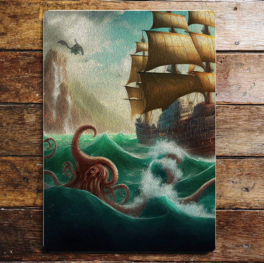 Octopus fantasy sailing ship | Metal Sign Plaque