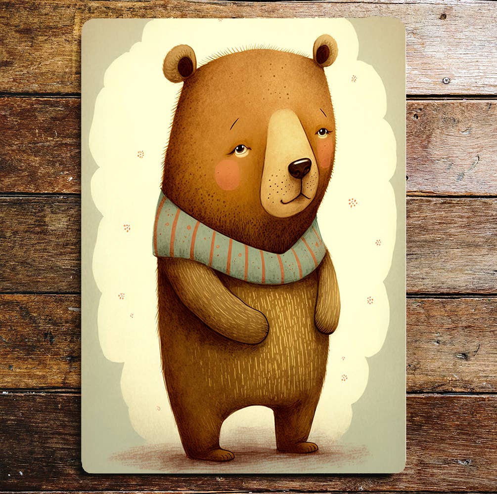 Cute Young Bear Portrait Stripy Scarf | Metal Sign Plaque