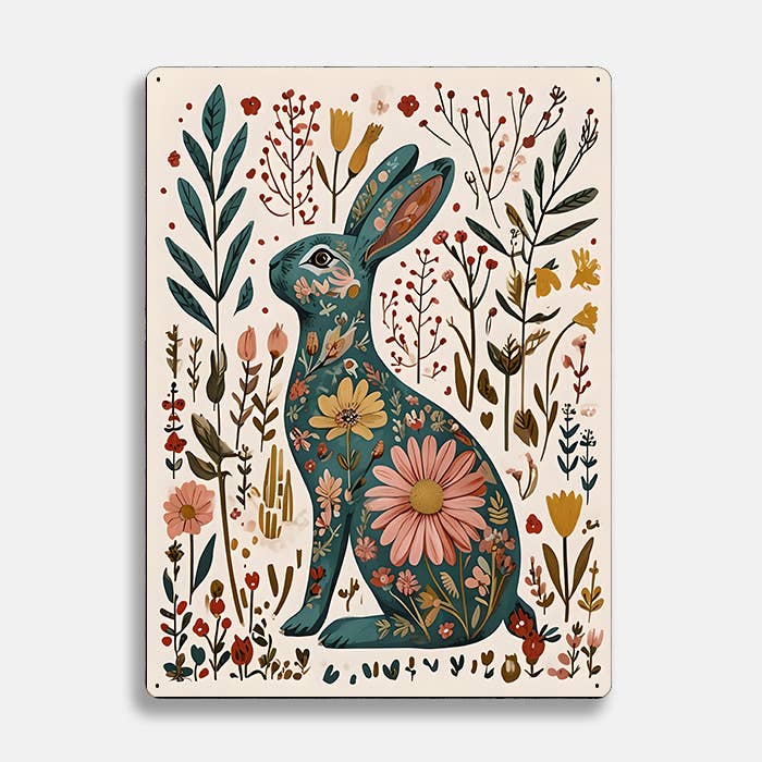 Hare Rabbit Floral scandinavian folk | Metal Sign Plaque