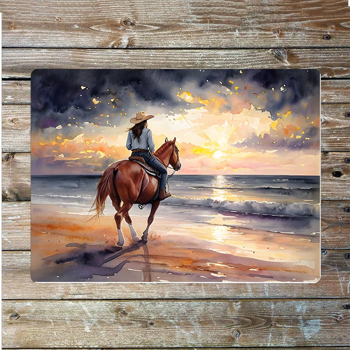 Beach Sunset Horse Cowboy | Western Art | Metal Sign Plaque