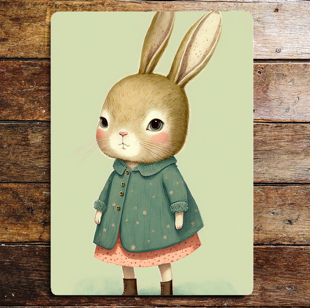 Cute Rabbit Girl Dress Green Coat Boots | Metal Sign Plaque