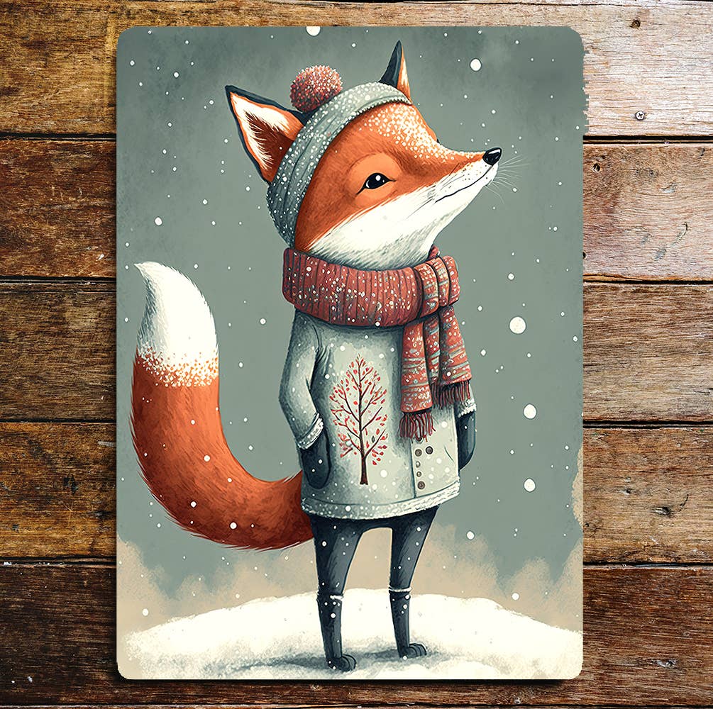 Fox Portrait Hat Scarf Jacket Snow | Metal Sign Plaque