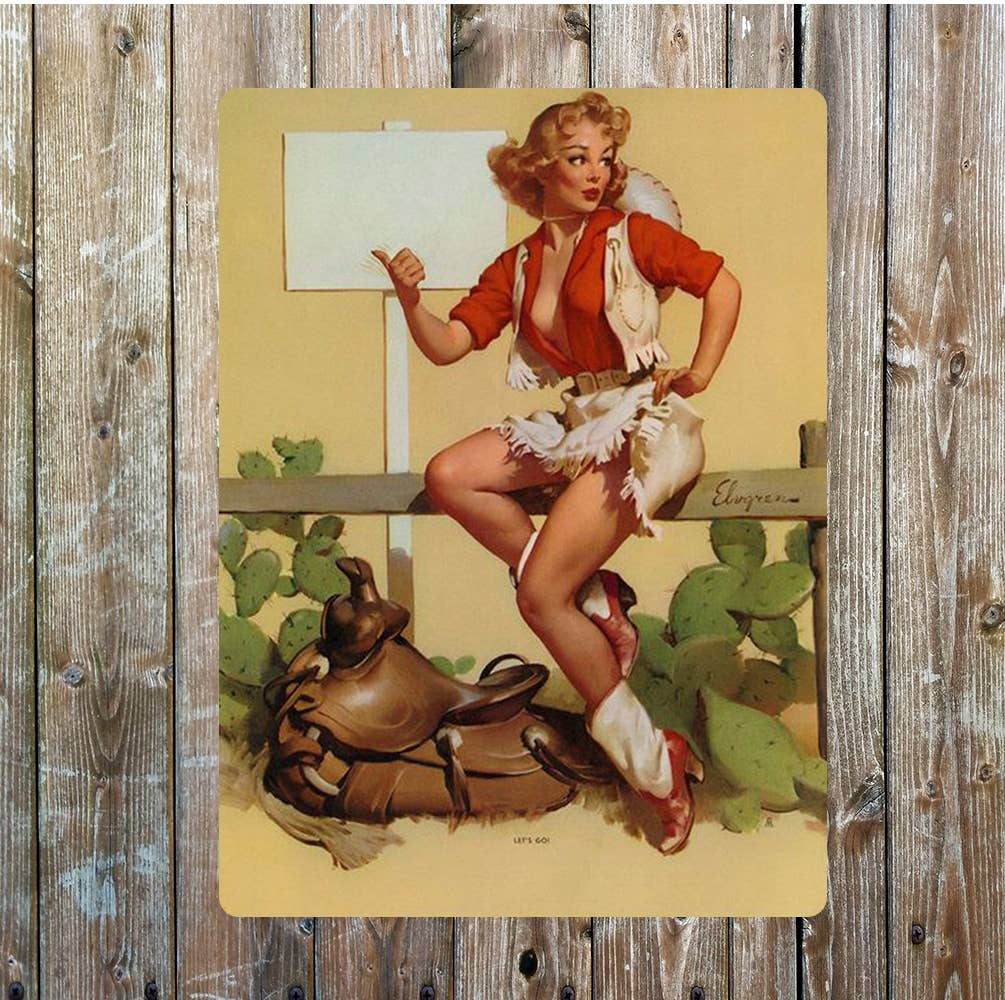 Pinup girl and saddle Metal Sign Plaque