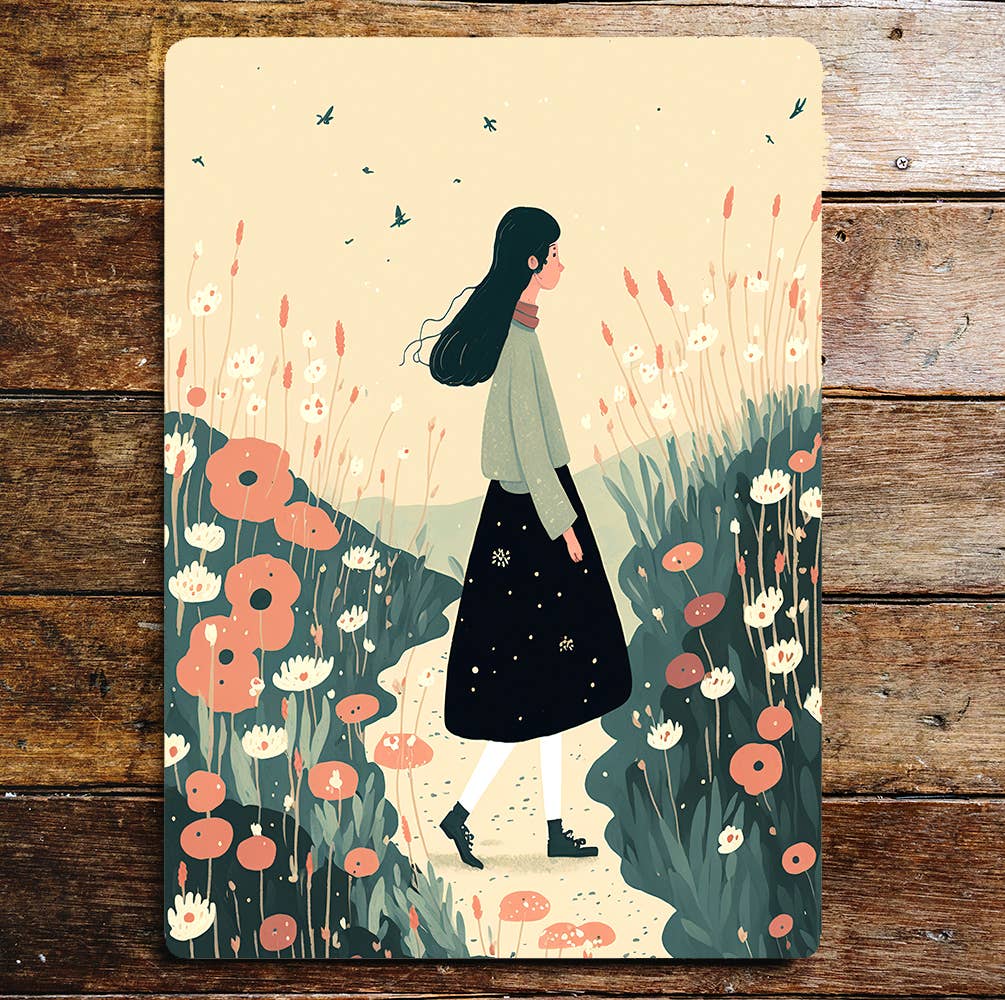 Girl In Poppy Field Flowers Dark Hair | Metal Sign Plaque
