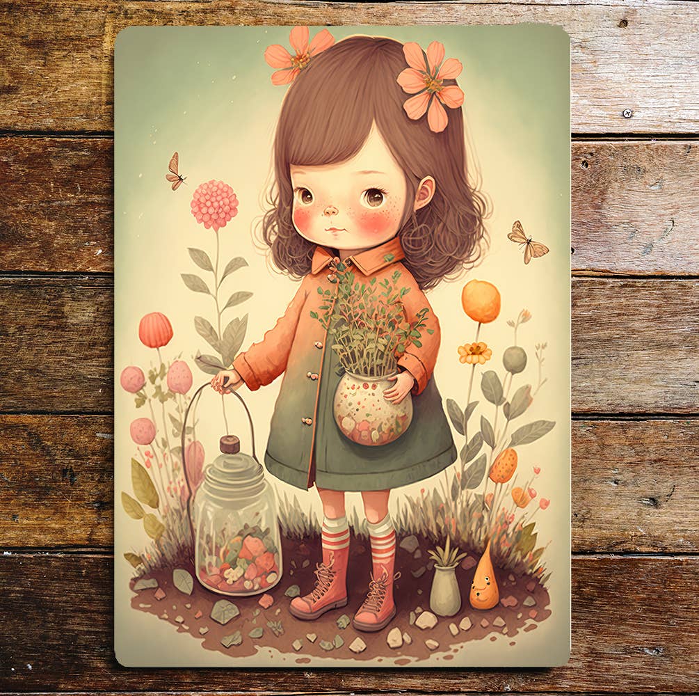 Young Girl Flower Garden & Butterfly | Metal Sign Plaque