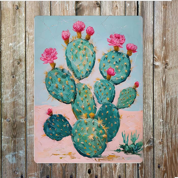 Painting of Cacti Flowers Cowboy Western Metal Sign Plaque