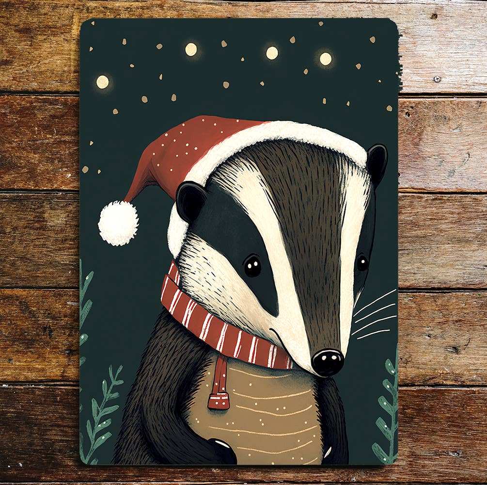 Cute Badger Christmas Hat Night Sky | Metal Sign Plaque