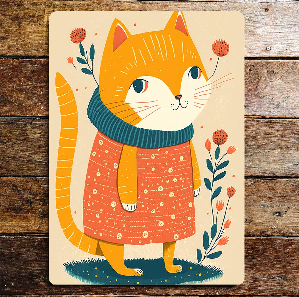 Cute Orange Cat Dress Scarf Flowers | Metal Sign Plaque