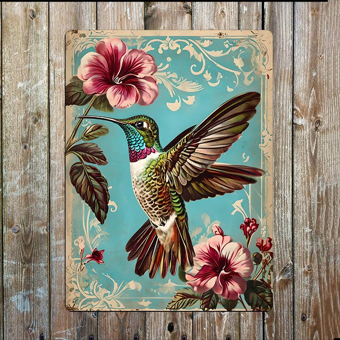 Vintage Hummingbird Ornate Floral Flower | Metal Sign Plaque