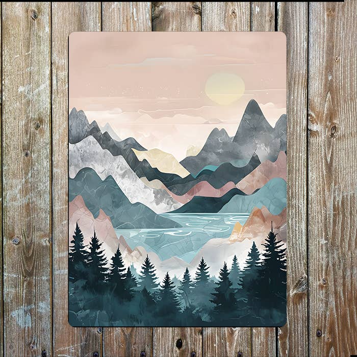 Abstract Landscape Art Trees And Mountains Metal Sign Plaque