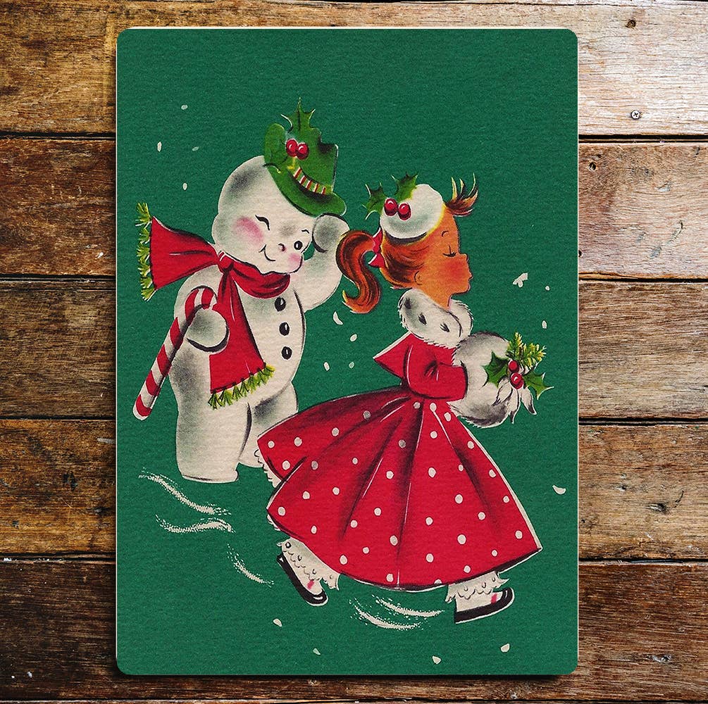 Snowman and iceskating girl wall art Metal Sign Plaque