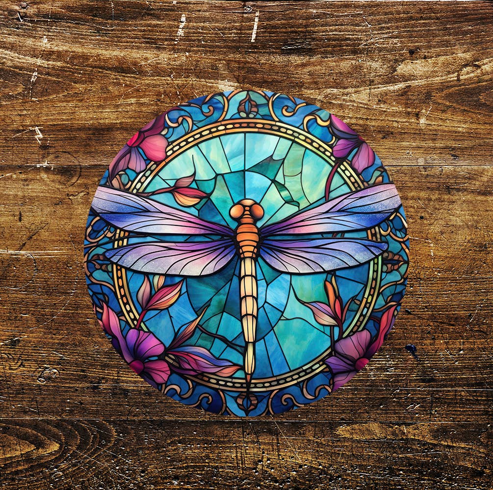 Dragonfly Stained Glass Mural Affect Green Circle Metal Sign