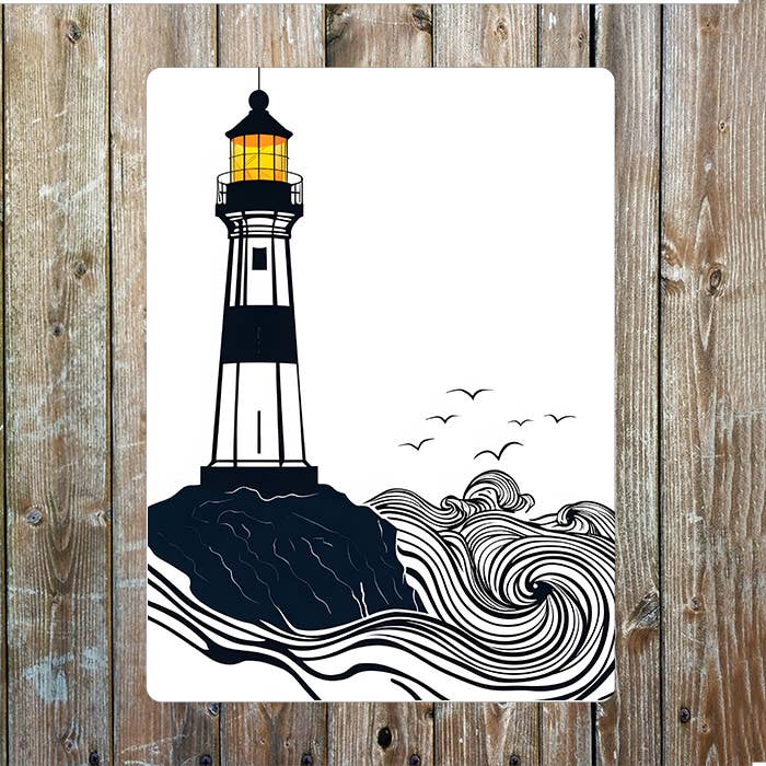 Minimalist Line Art Lighthouse On A Cliff | Metal Sign Plaque