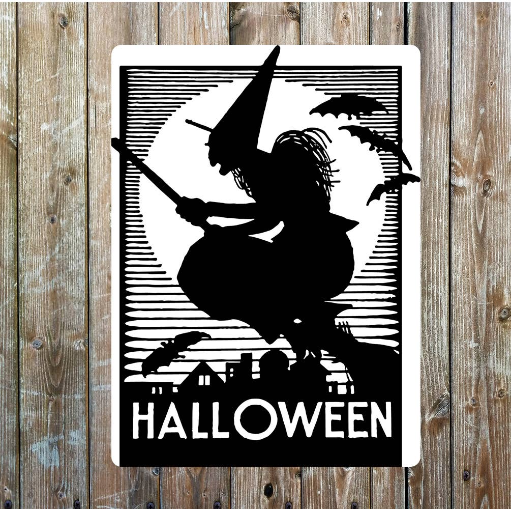Halloween, Witch, bats, broomstick | Metal Sign Plaque